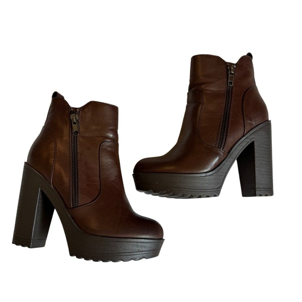 REFRESH Women's Size US 4.5 Brown Faux Leather Chuncky Heel Zipper Ankle Boots